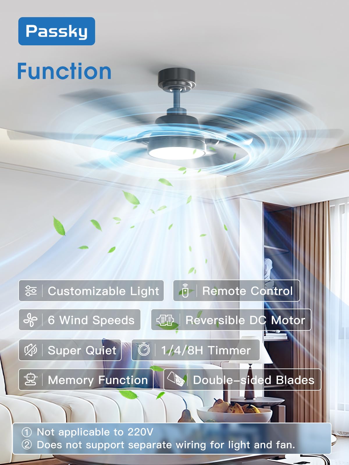 Passky Ceiling Fans With Lights, 52 Inch Black Ceiling Fan With Light And Remote Control, Reversible, Dimmable, 3Cct, Quiet, Cei