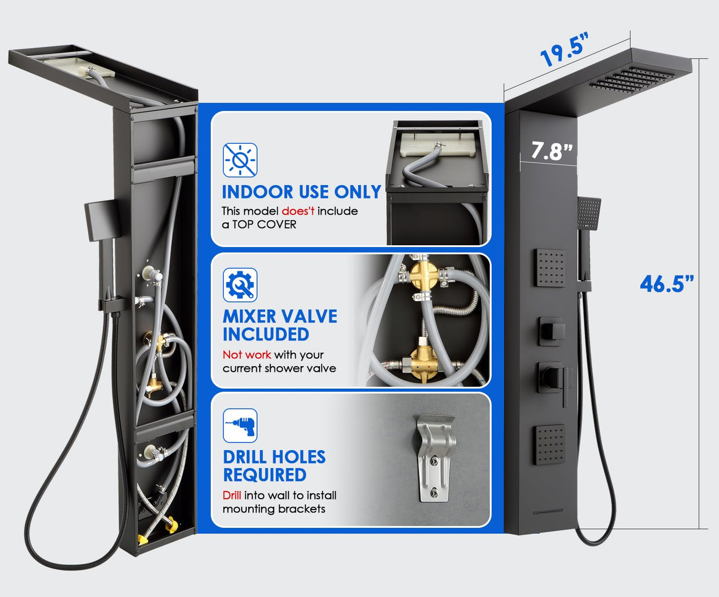 ROVOGO Shower Panel Tower System with High Pressure Shower Head, Body Jets, Handheld and Tub Spout, 46.5"H x 7.8"W Shower Column Stainless Steel with Mixer Valve, Black