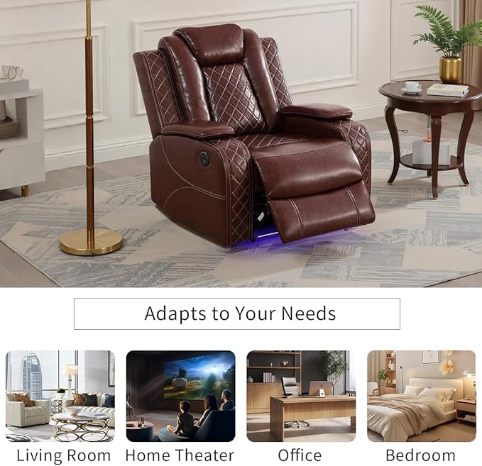 Toseslo Power Leather Recliner Chair Set with LED Light, Brown Leather Reclining Set, Living Room Furniture Sets, Modern Power Recliner Sets for Living Room/RV/Apartment