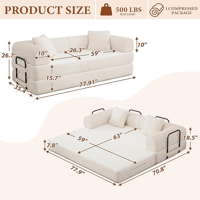 77" Convertible Sofa Bed, Modular Folding Futon Corduroy Floor Foam Compressed Loveseat Sleeper Sofa Couch, Pull Out Queen Size Couch Bed with 2 Pillows for Living Room Guest Room Studio, Beige