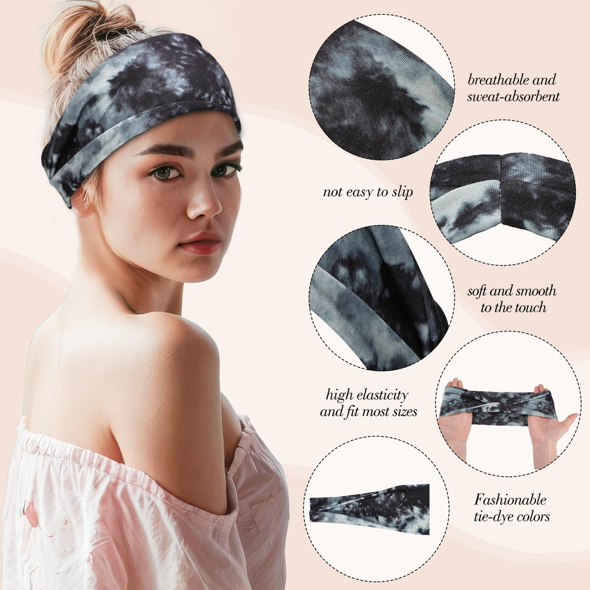 obeoby Tie Dye Headbands for Women, 8Pcs Boho Hairbands Fashion Knot Wide Headband for Daily, Yoga, Work