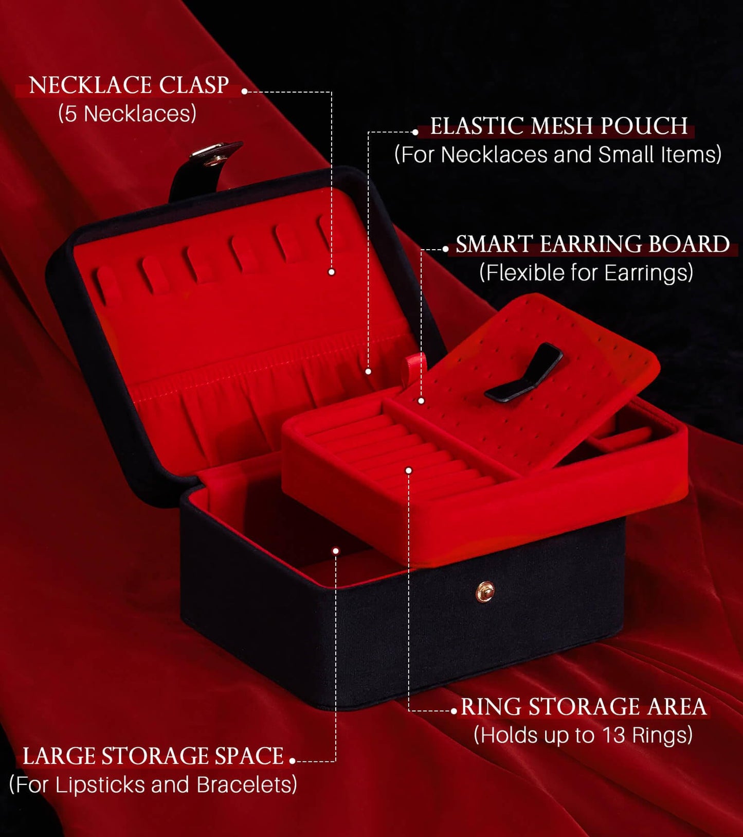Homde Jewelry Box Small for Women: Ring Earring Organizer Storage for Dresser - Necklace Bracelets Holder with Multi Compartments(Black + Red)