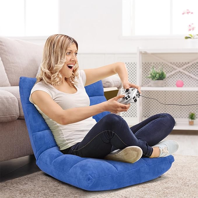 Folding Floor Chair w/Back Support, 14-Position Adjustable Lazy Sofa Chair w/Coral Velvet Fabric & Alloy Steel Frame, Portable Meditation Chair for Reading, Gaming,Sleeping (Blue)