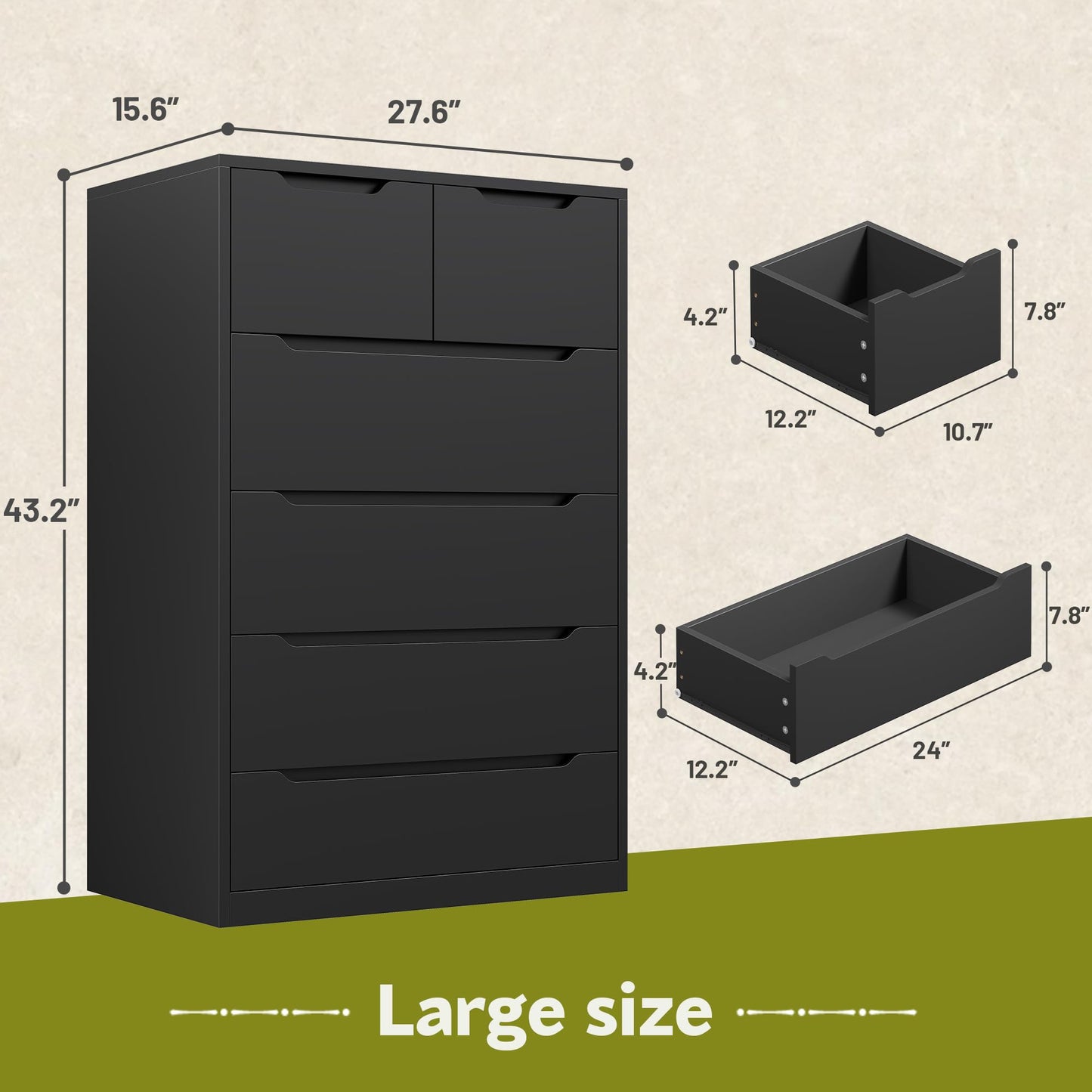 Romorgniz 6 Drawer Dresser for Bedrom,Tall Black Chest of Drawers for Bedroom, Hallway, Closet, Modern 43.2" H X 27.6" W X15.6 D
