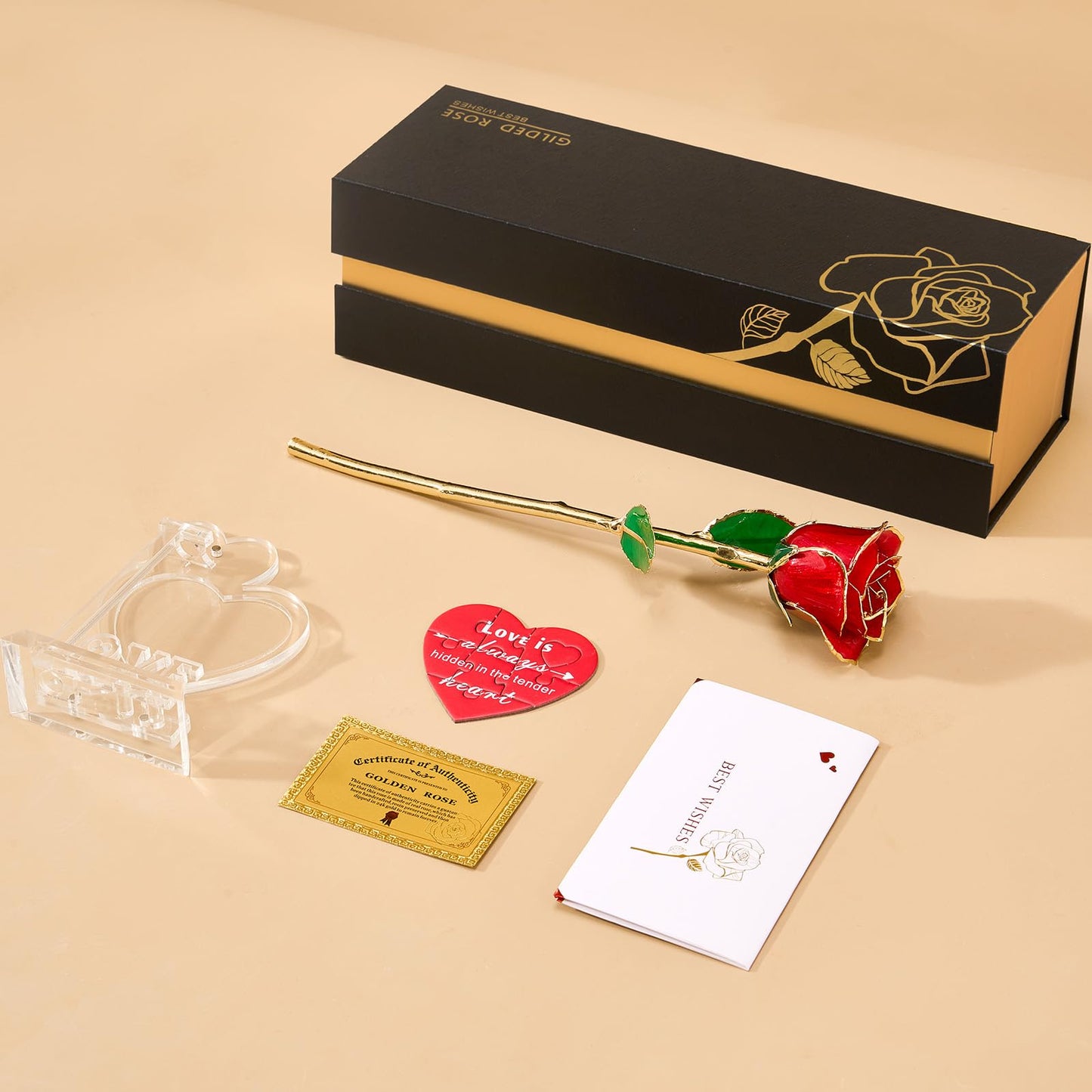 Mikasol Real 24K Gold Dipped Realistic Rose – Timeless Lifelike Bloom with Heart Puzzle Base – Romantic Red Flower Gift for Her, Wife, Girlfriend, Mom – Birthday, Anniversary, Mother’s Day (Red)