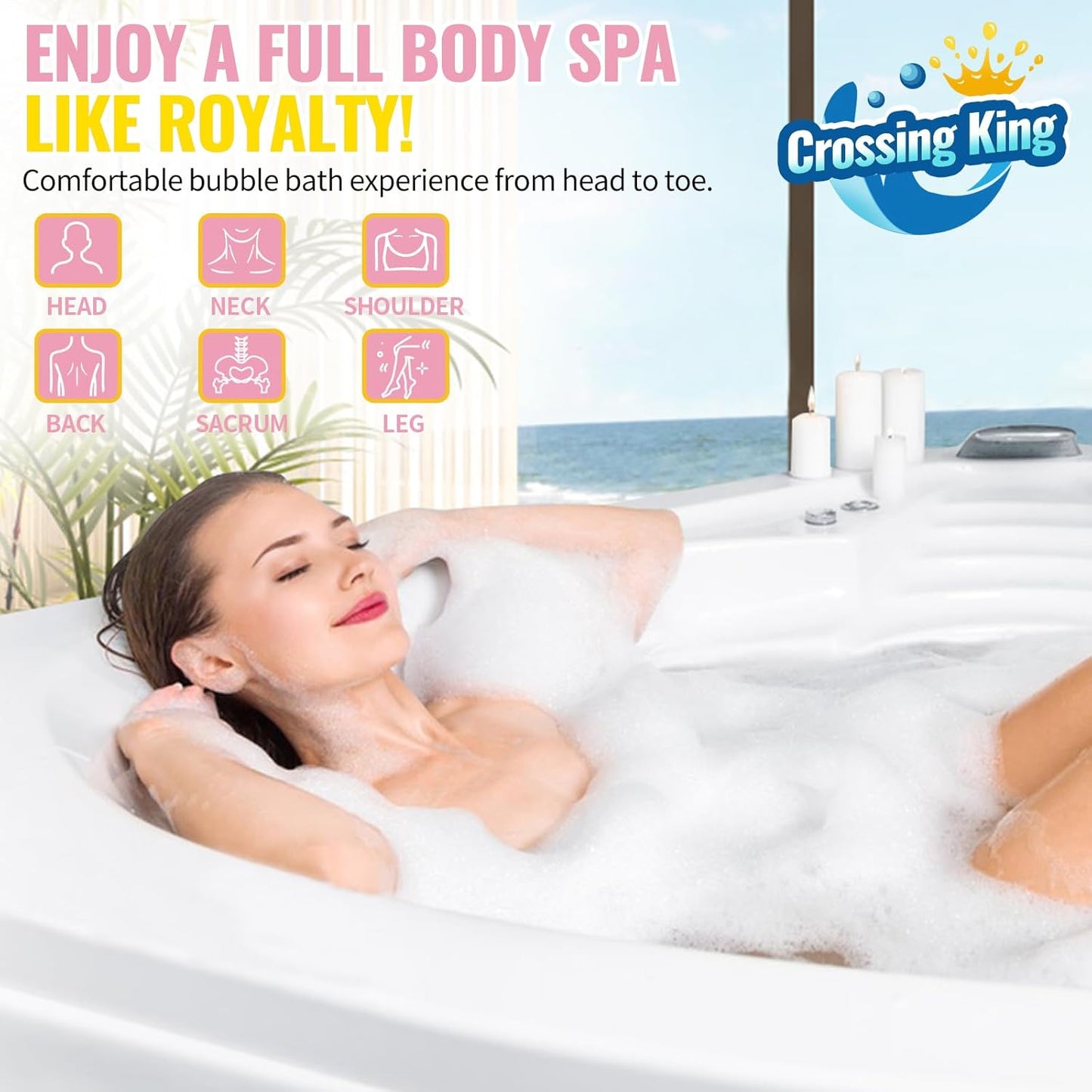 Bubble Bath Mat Tub Spa Massager, Portable Spa Bubble Bath Massager with Upgraded Powerful Suction Cup, Electric Air Pump, Pillow and Remote Control for Relaxation 45 * 17in (Pink)