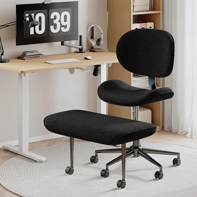 Cross Legged Office Chair with Wheels for ADHD, Ergonomic 360° Swivel Height-Adjustable Meditation Chair for Yoga, Wide Kneeling Chair with Strong Lumbar Support, Teddy Fabric, Black