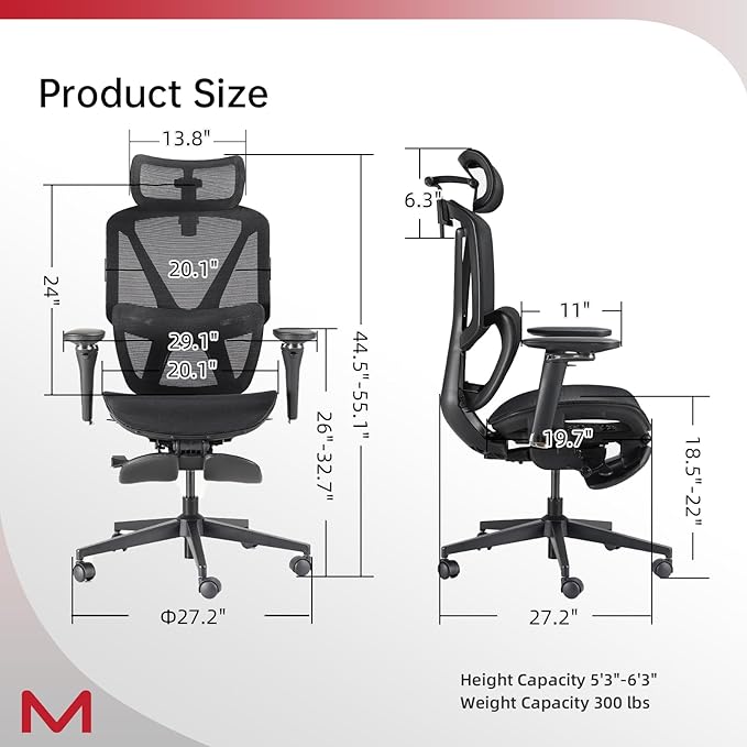 Ergonomic Office Chair with Footrest,Office Chair with 136° Recline, Ergonomic Desk Chair with Larger Adjustable Lumbar Support, Computer Chair with Mesh Seat