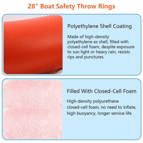 Life Preserver Ring, 23 Inch Life Ring with Horseshoe Bracket Orange, Boat Safety Throw Rings with Rope 98.5 FT Water Floating Lifesaving Rope and Reflective Tape for Boat