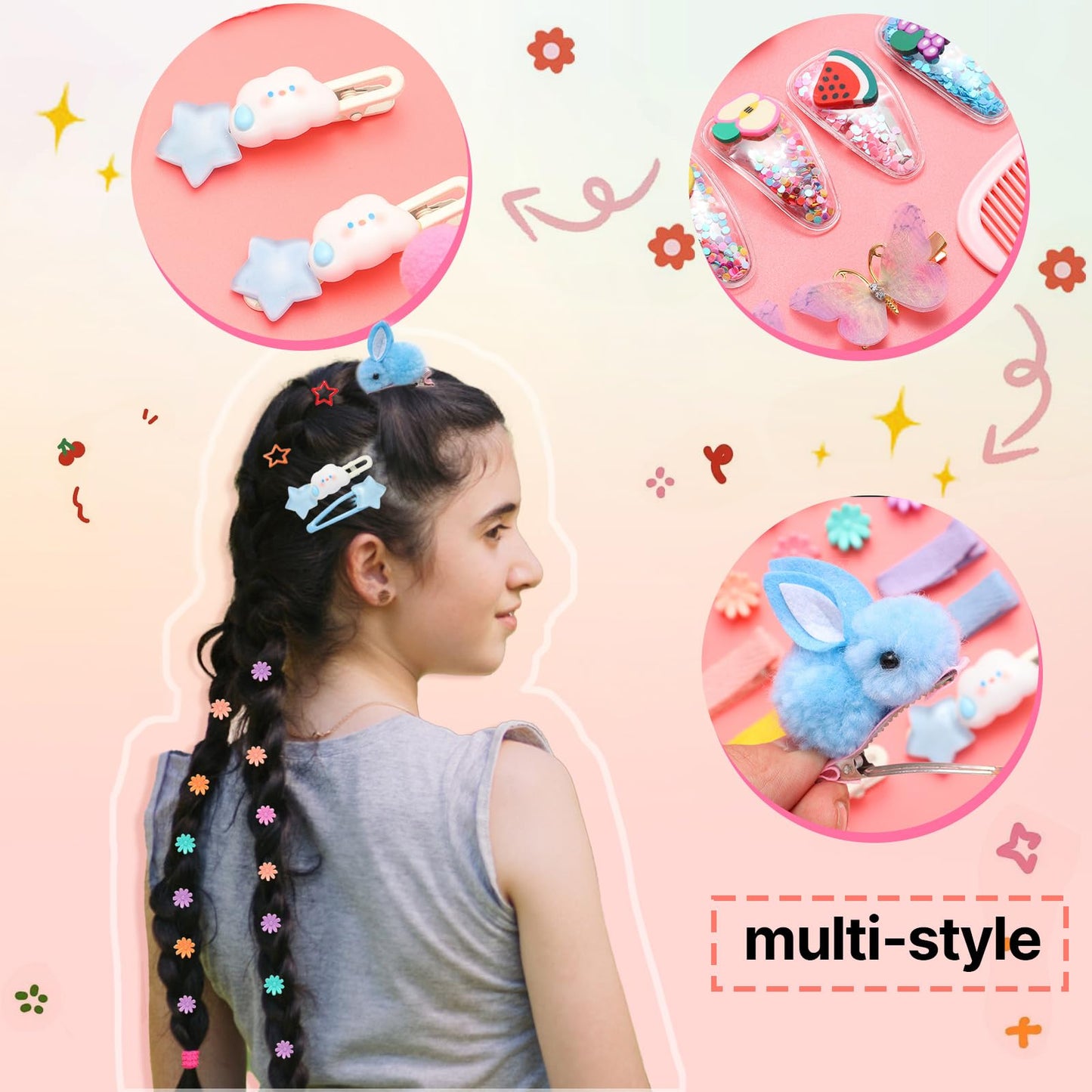 Cute Girl Hair Accessories Set，Toddlers Butterfly Rabbit Sparkle Fruit Star Hair Clip, Flower Small Grab Clip Colorful Rubber Bands and Cotton Baby Elastic Hair Ties