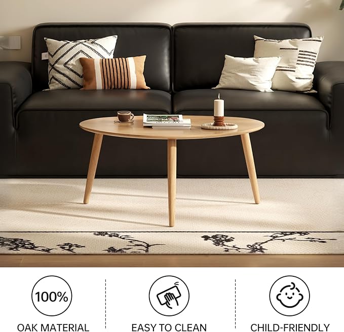 Vadisun Small Oval Coffee Table, 33.5" Mid Century Modern Coffee Table for Living Room, 100% Solid Oak Wood Side Table, Center Table (Original Wood Color, 33.46''Wx22.83''Dx15.74''H)