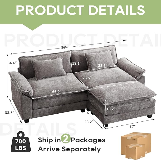 Oprisen 86" Modular Sectional Sofa, Comfy Cloud Couch Sectional Sofa with Ottoman, Chenille Sofa Sleeper Deep Seat Sofa with Throw Pillows for Living Room (Light Gray, 86"- L Shape)