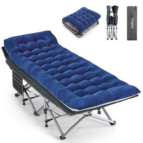 Fragess Camping Cot, Sleeping Cots, Portable Camping cots with Cushion, Pillow and Carry Bag, 1200D Double Layer Oxford, 600 LBS Weight Capacity Cots for Sleeping (Blue)