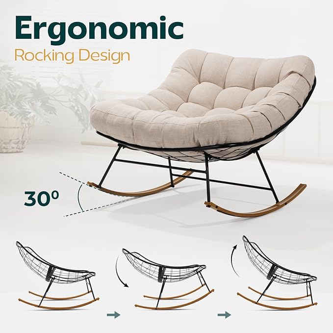 Bme Patio Rocking Chair Outdoor and Indoor, Modern Metal Lounge Rocker with Thick 7'' Cushion, 400lbs Capacity, Ergonomic Design, Easy Assembly, Beige Cushion - Wood Texture Rocker