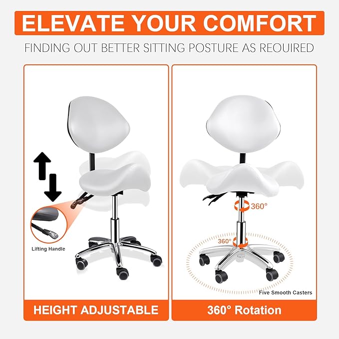Saddle Stool with Back Support, 400lbs Adjustable Salon with Wheels, Heavy Duty Rolling Ergonomic Rolling Esthetician Seat for Home Office Salon Shop Dentist Clinic, for People 5 ft to5.8 ft Tall