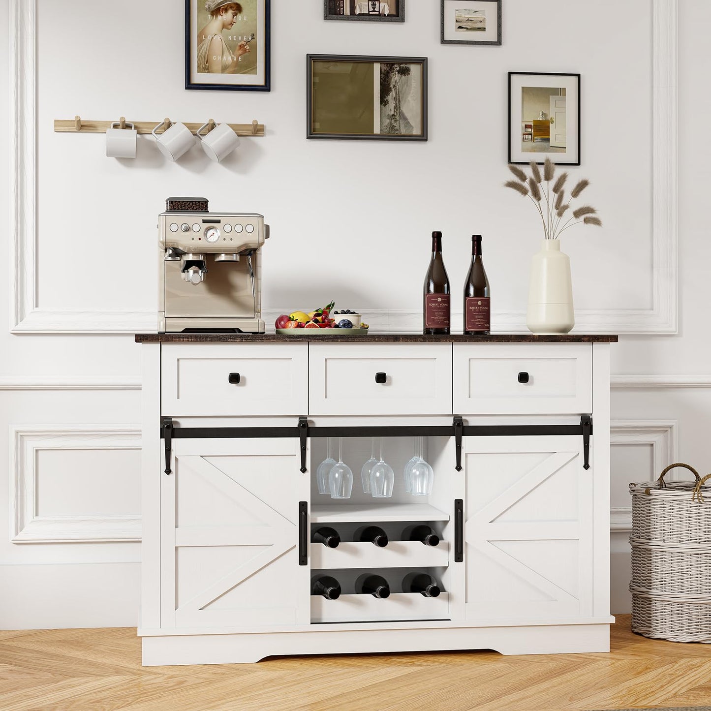 Kmax Farmhouse Wine Bar Cabinet w, 54” Buffet Cabinet with Storage, Rustic White Coffee Bar Cabinet with Sliding Barn Doors, Wine/Glass Rack & 3 Drawers for Living, Dining Room, Black Top