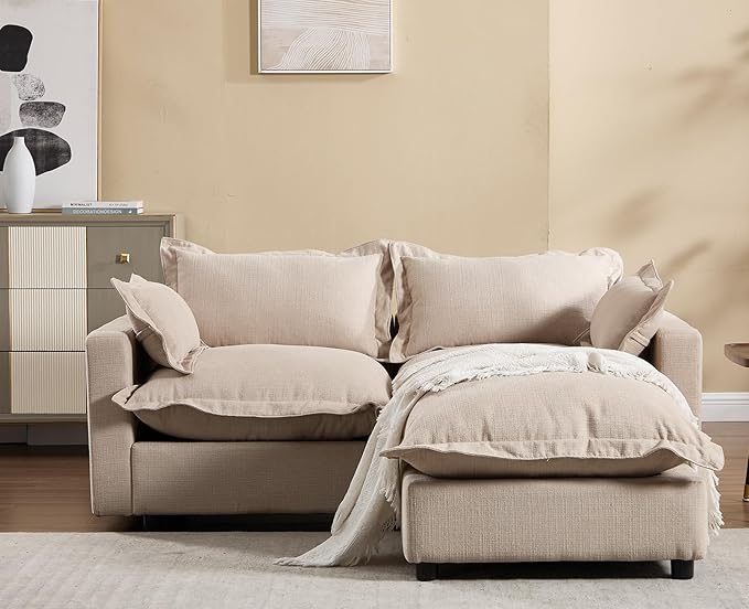 chairus 68" Love-Seat Sofa with Movable Ottoman Upholstered Linen Deep Seat Couch with Pillow Modular Oversized Couch Sleeper for Living Room, Bedroom, Reception Room, Apartment, 2-Seater/Oatmeal