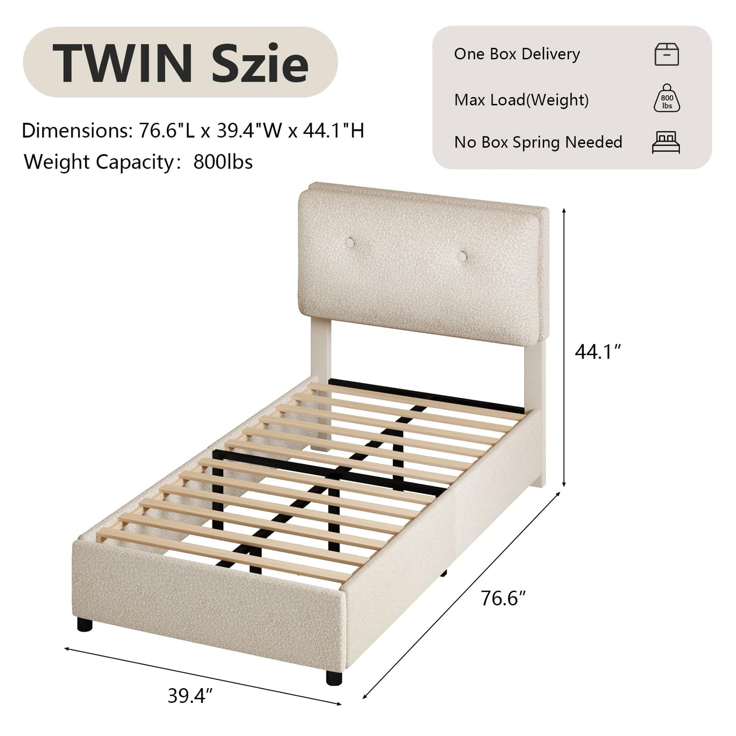 Twin Bed Frames,Breathable Boucle Fabric Upholstered Bed Frame Twin with Headboard,Removable and Washable,Wood Slat Support,No Box Spring Needed,Easy Assembly,Cama Individual,Beige