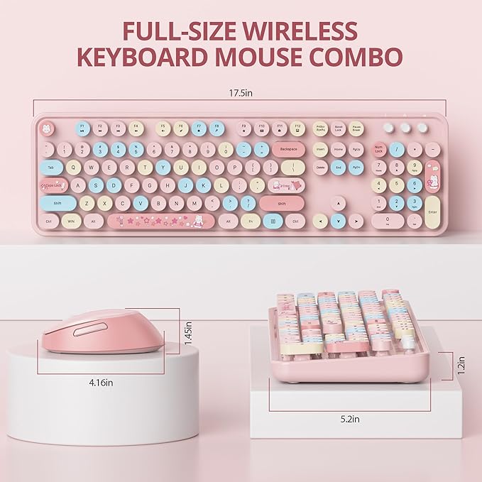 Wireless Keyboard and Mouse Set, Retro Typewriter, 2.4GHz Full Size 104-Key Cute Keyboard with Number Pad, Colorful Keyboard with Round Keycaps for Windows PC Laptop(Strawberry)