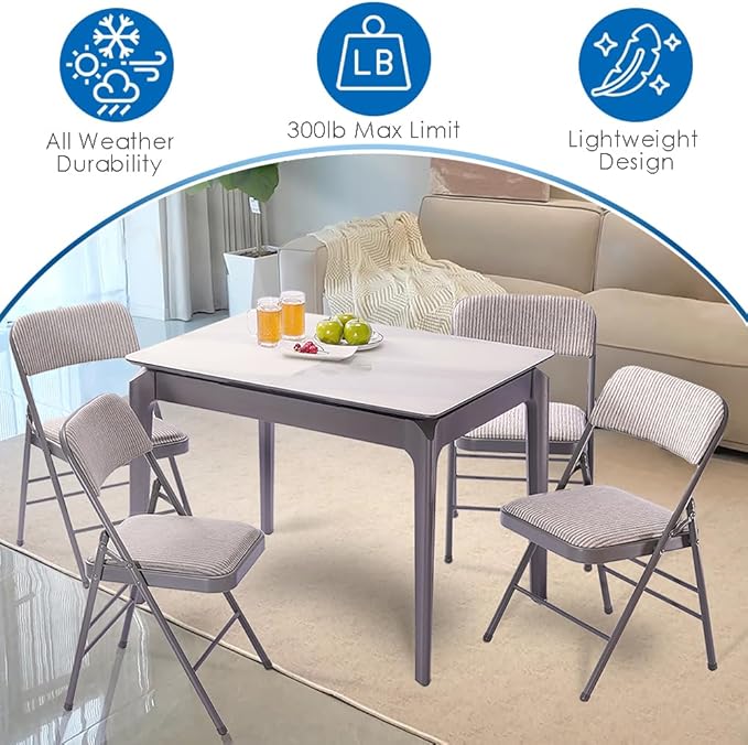 EZONE (4pcs Fabric Folding Chairs with Padded Cushion Backrest Metal Steel Foldable Chair Portable Lightweight Foam Padded Fold Chair (4, Fabric - White)