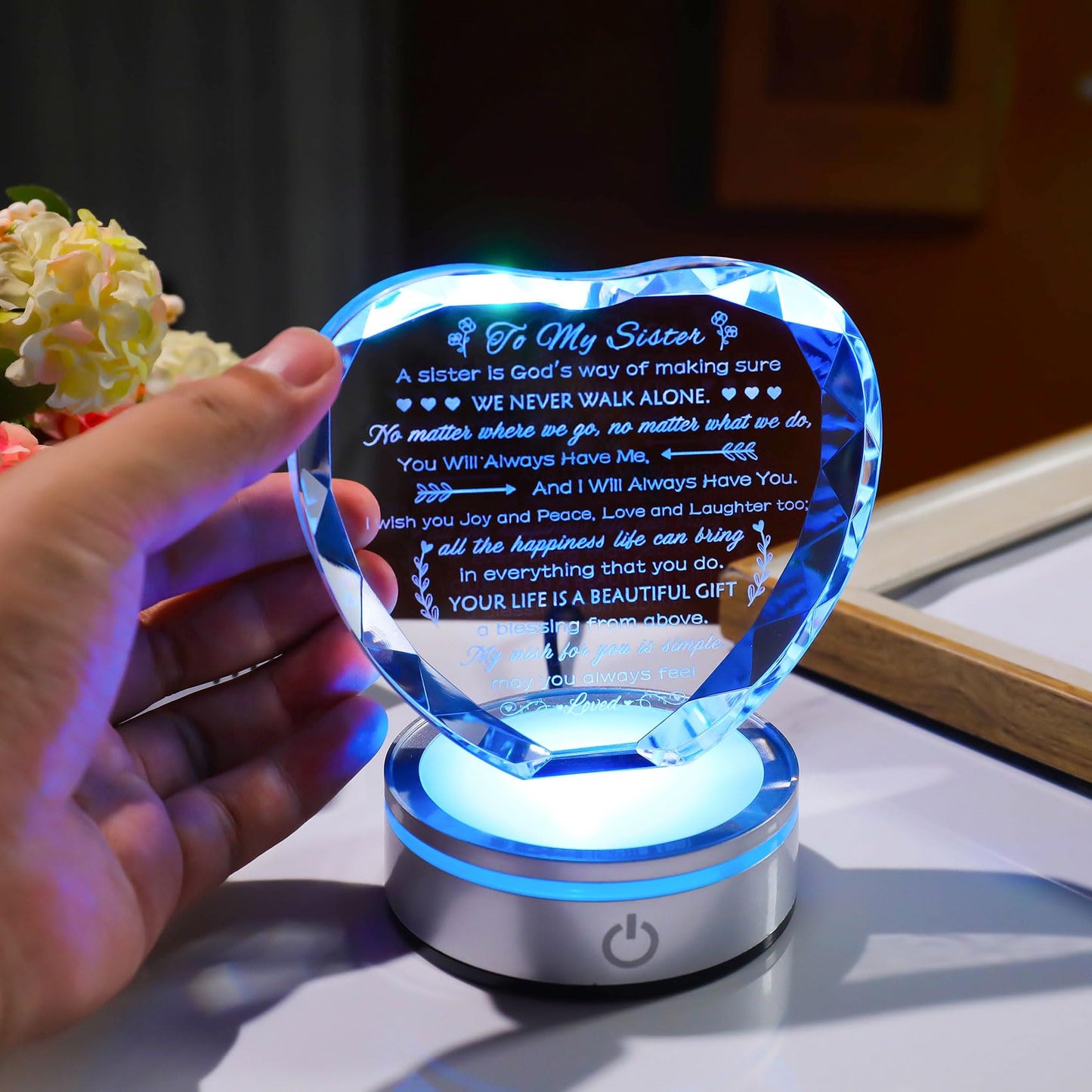 Movdyka Sister Birthday Gifts Crystal Keepsake with LED Base, Laser Engraved Sister Gifts from Sister, Soul Sister Gifts for Women, Unique Big Sister Gifts for Girls, Best Sister Ever Gifts