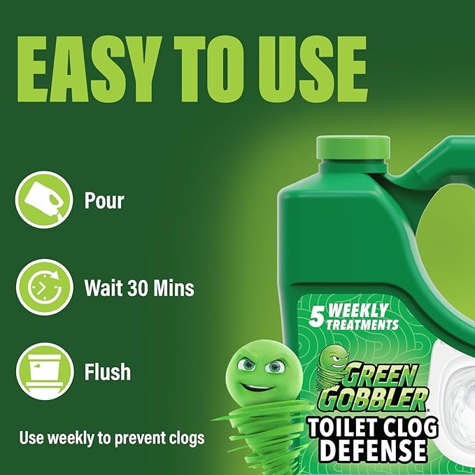 Green Gobbler Toilet Clog Defense - Coats Pipes to PREVENT Toilet Clogs and Improves Flush Performance - Safe for Septic - Great for Old Plumbing, Low & Slow Flow Toilets, 5 Treatments, 64 oz