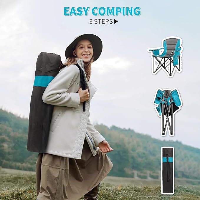 LANMOUNTAIN 2 Pack Padded Oversized Camping Chairs for Adults,Heavy Duty Support 400 Lbs,Folding Portable Lawn Chair w/Cup Holder,Cooler Bag,Side Pocket,Perfect for Outdoor Picnic,Hiking(Blue&Black)