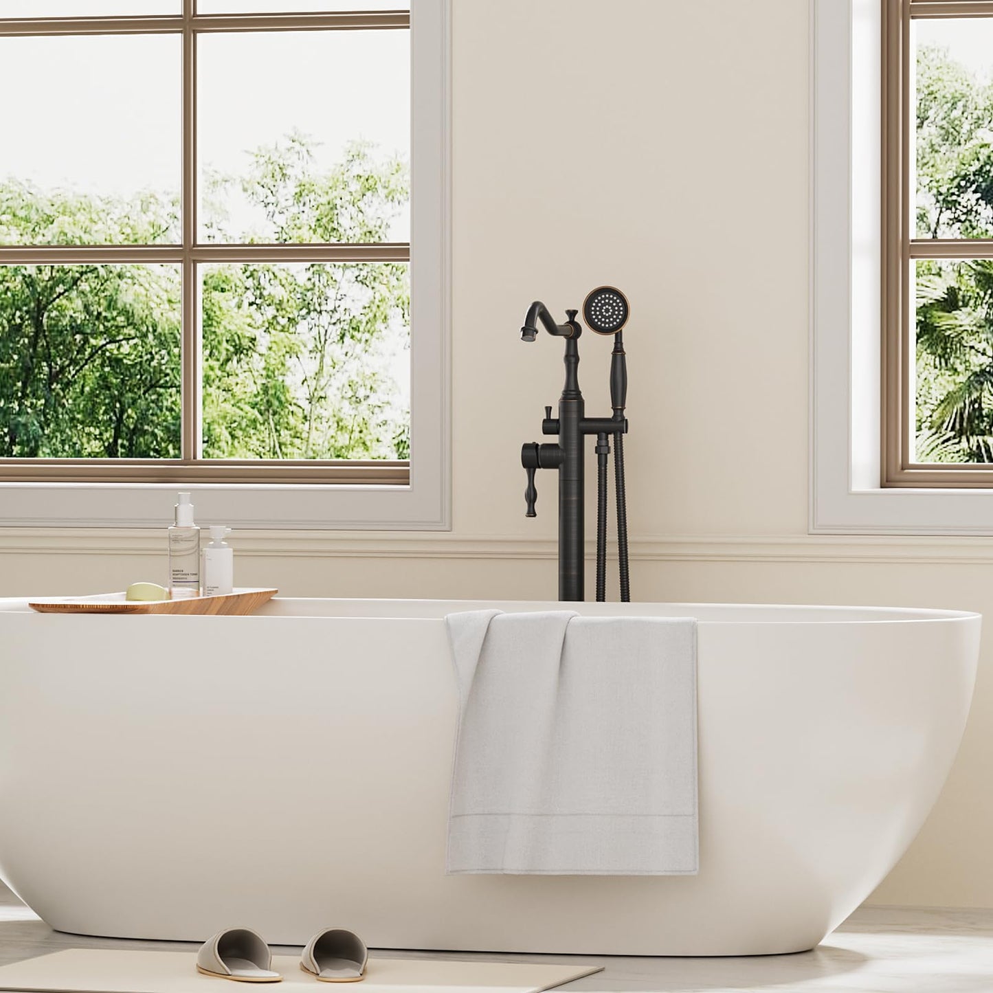 Kroias Oil Rubbed Bronze Standing Bathtub Faucet Freestanding Tub Filler High Pressure Single Handle Bathtub Filler Floor Mounted Brass Bathroom Stand Tub Faucets with Handheld Shower