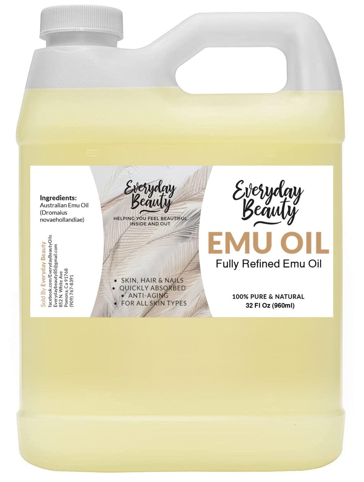 Pure Australian Emu Oil Bulk 32 Fl Oz - All Natural 6X Refined for Face, Skin and Hair - Highly Effective Hydration for Sensitiv