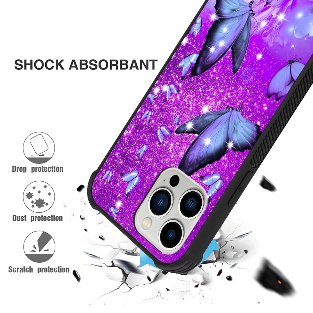 Ziye Designed For Iphone 12 Pro Max Case Purple Butterfly Hard Lanyard Case With Phone Ring Holder,Full Body Protection Shockpro