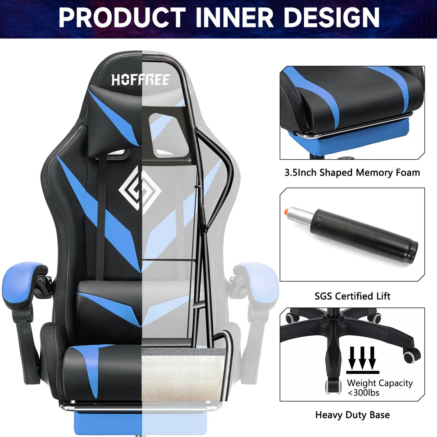 RGB Gaming Chair with Massage and LED Lights Ergonomic Video Game Chairs with Footrest High Back Reclining Computer Chair with Adjustable Lumbar Support Blue and Black