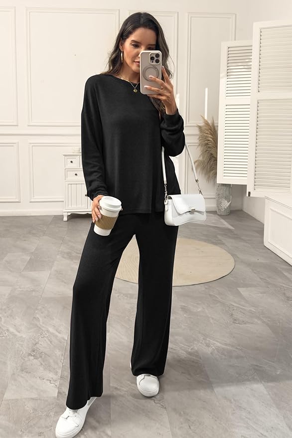 AmazingStar Womens Lounge Set 2025 Fall 2 Piece Outfits Long Sleeve Tops Wide Leg Long Pants Cozy Matching Sets Clothing