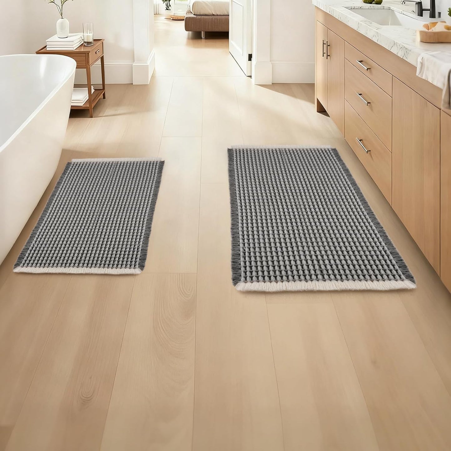 ArtyCozy Waffle Bath Mat Set of 2, Super Absorbent Soft Non-Slip Boho Bath Rugs with Flat-Woven Hot Glue Backing for Bathroom, Machine Washable Bath Mats, 20" × 47" Plus 17" × 24", Grey & White