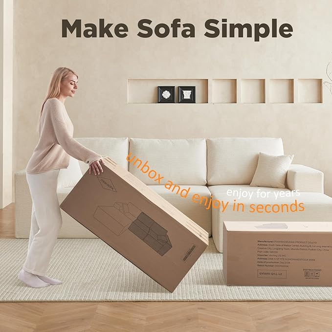 INGEROOM 108" Cloud Sectional Couch with Chaise, Modular L-Shaped Sofa, Deep Seat Comfy Corduroy Memory Foam Couch for Apartments, Dorms or Small Space, No Assembly Required, Beige