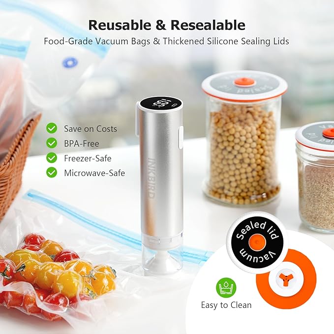 INKBIRD Compact Vacuum Sealer for Food, 6-In-1 Powerful Handheld Vacuum Sealer Machine+10 Reusable Sous Vide Bags+ 4 Reusable Jar Lids, Seal Meal 10X Fresh, Wireless & Portable & Rechargeable