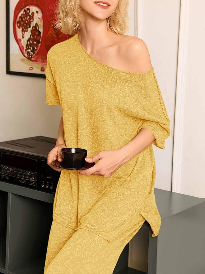 Tankaneo Women's 2 Piece Travel Outfits Casual Short Sleeve Knit Sweater Set Wide Leg Pants Lounge Sets Tracksuit