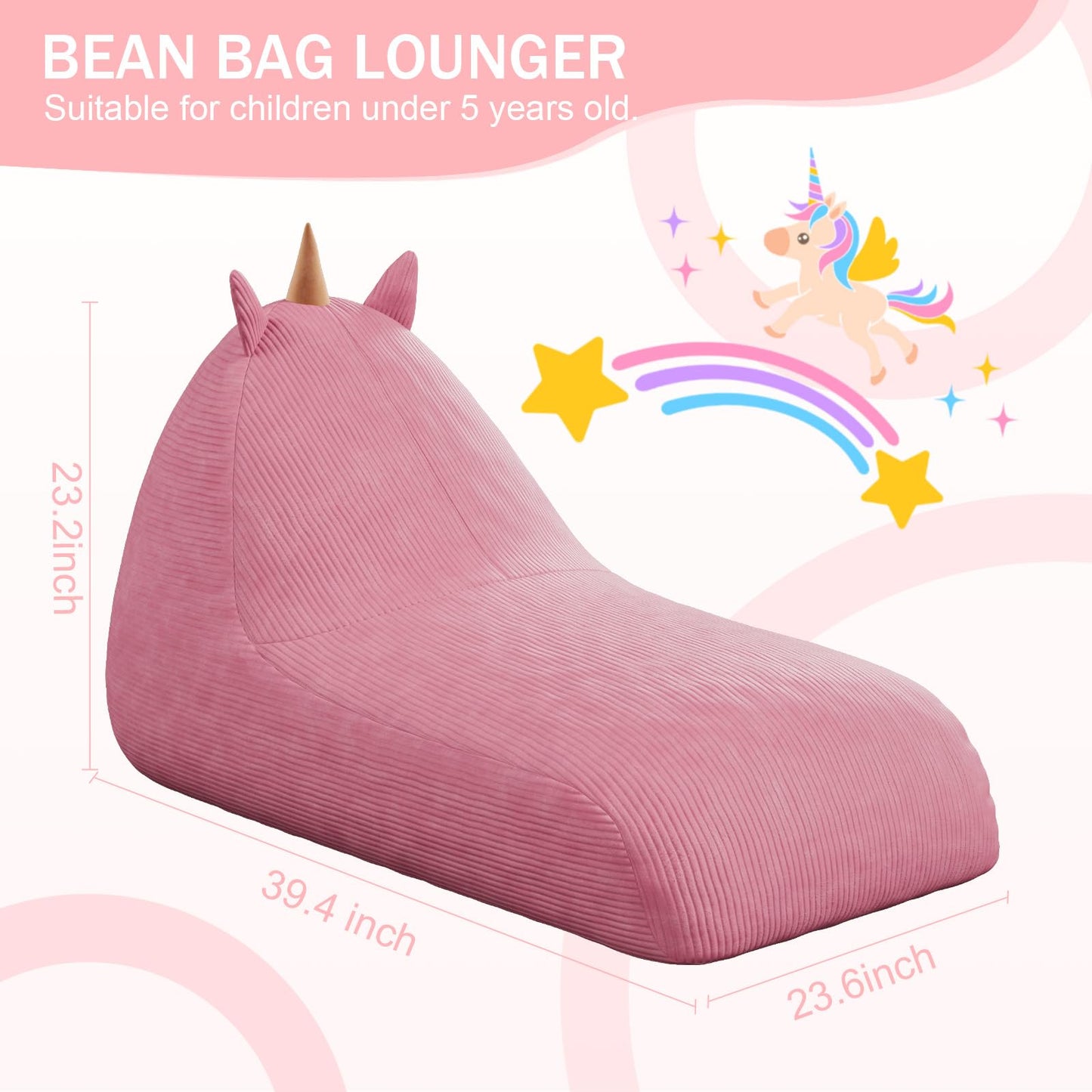 COMAX Bean Bag Chairs for Kids, Unicorn Kid Beanbag Chair with Filler, Toddler Lounge Bean Chair Corduroy, Lazy Floor Lounger for Girls and Boys Stuffed, Pink