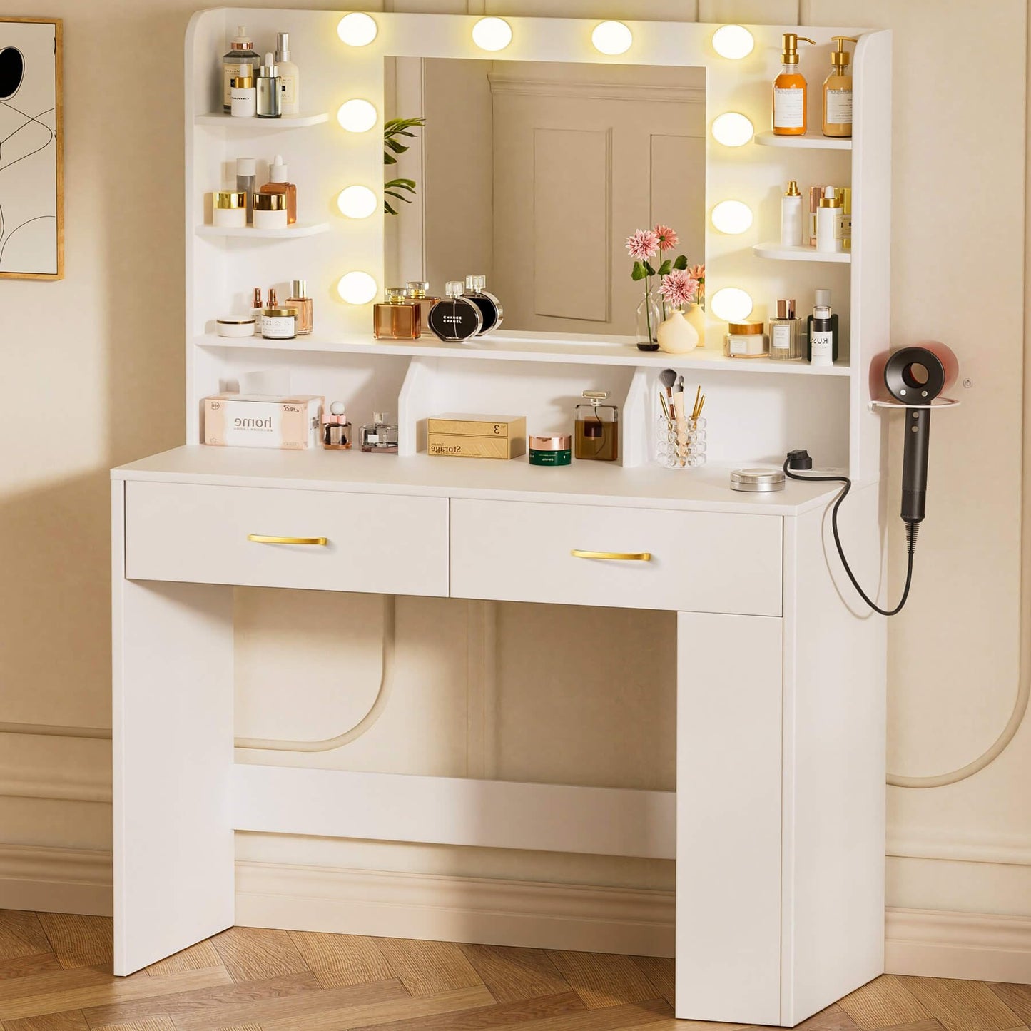 COMHOMA Vanity Desk with Lighted Mirror and Power Outlet, RGB LED Lights Makeup Vanity Set for Girls, Large Storage Capacity Dressing Table for Bedroom, 3 Lighting Modes Adjustable Brightness, White