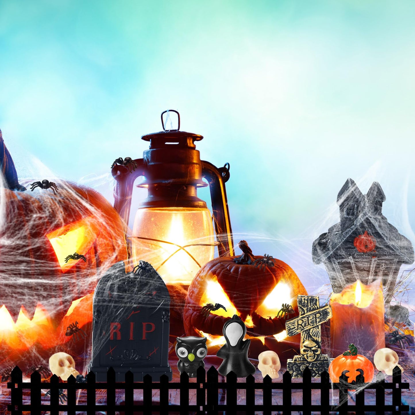 Colingmill 56 Pcs Halloween Village Accessories Set Halloween Haunted House Village Set Miniature Tombstones Tree Fake Spiders Fence Streetlamp Figurines for Home Table Party Decor