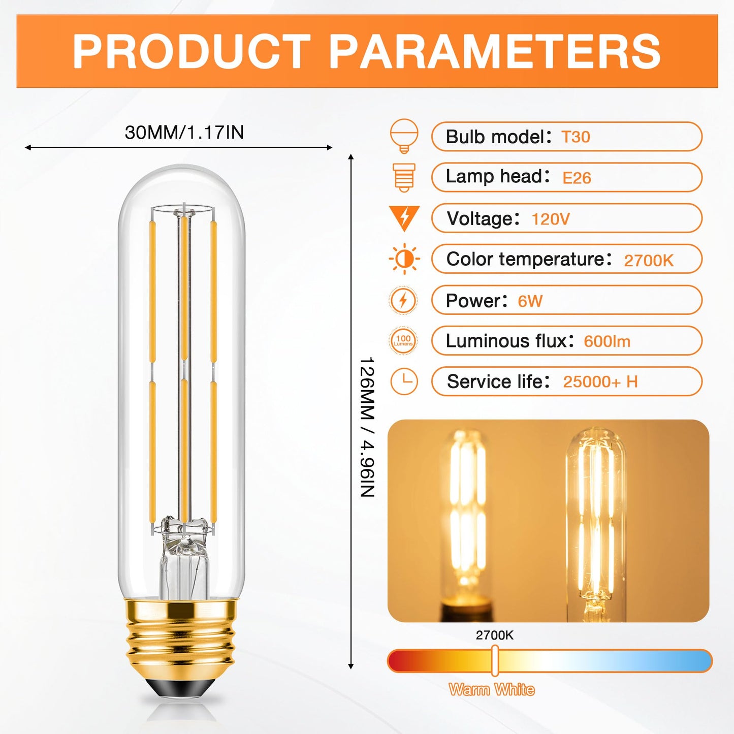 ToBeGreat T30 LED Light Bulbs 6 Watt Equivalent 60W E26 Tubular Bulbs T10 Edison LED Filament Bulb Warm White 2700K,Desk Lamp,Bedbroom Cafe Restaurant Party,Dimmable (Warm White 2700K, 5 in (2pack))
