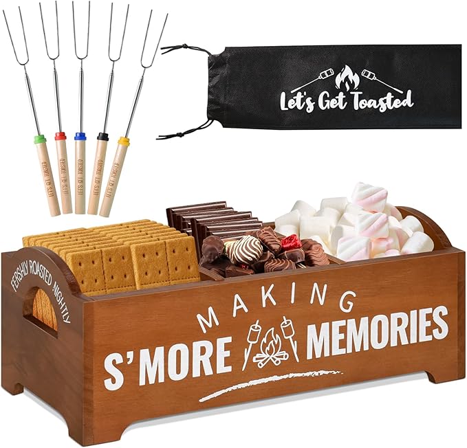 Smores Kit, S'Mores Station with 5 Extendable Marshmallow Roasting Sticks, Farmhouse Smores Caddy with Handles, Wood Smore...