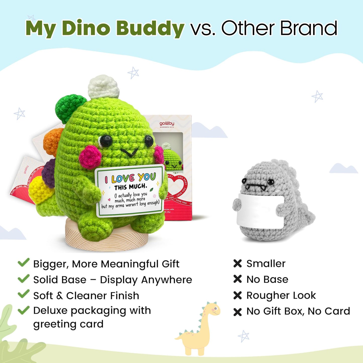 Gossby Handmade Positive Dinosaur Crochet - I Love You This Much - Gift for Husband, Boyfriend - Romantic Anniversary, Valentines, Xmas, Birthday Gift for Him from Wife, Girlfriend - Knitted Decor