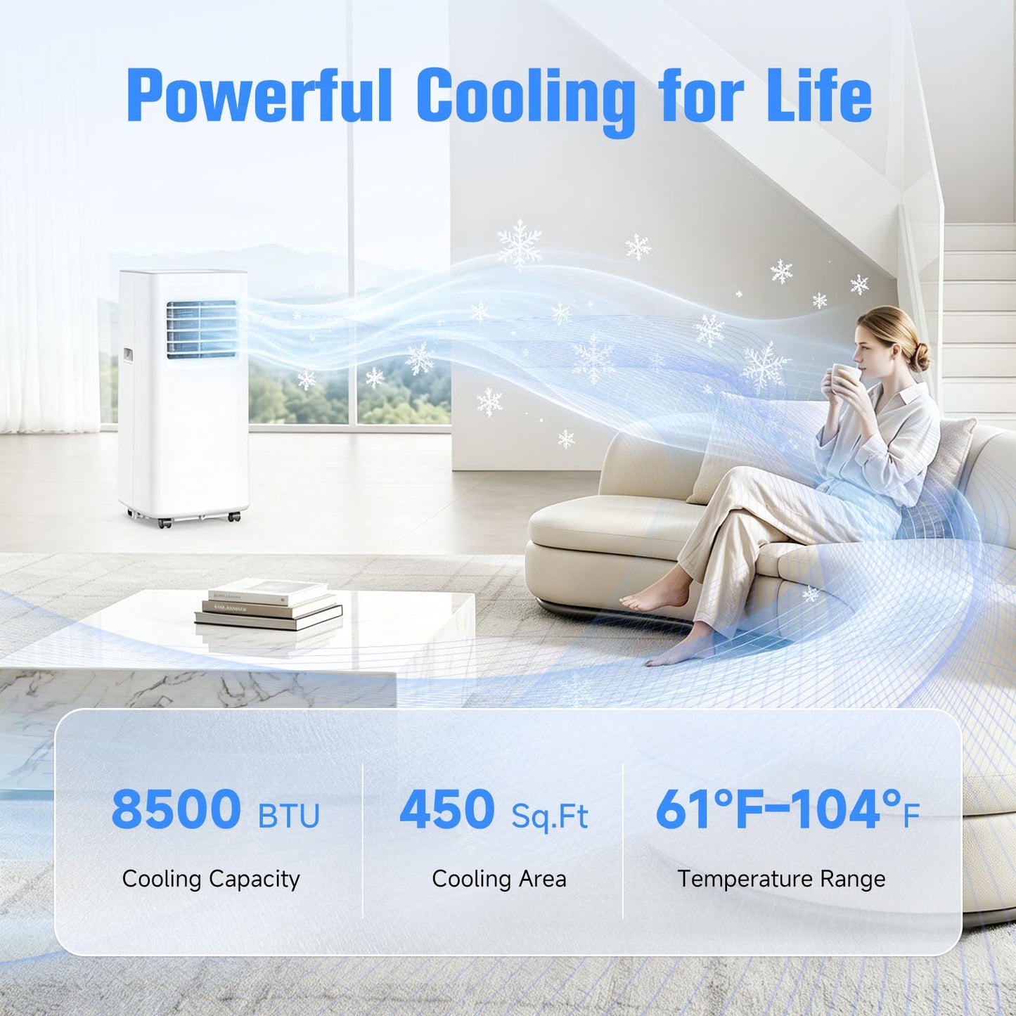 Portable Air Conditioners, 3-in-1 8500 BTU Cooling Unit with Fan & Dehumidifier for Room, Quiet Operation, Cools up to 450 sq.ft, Complete Window Installation Kit for Home Office