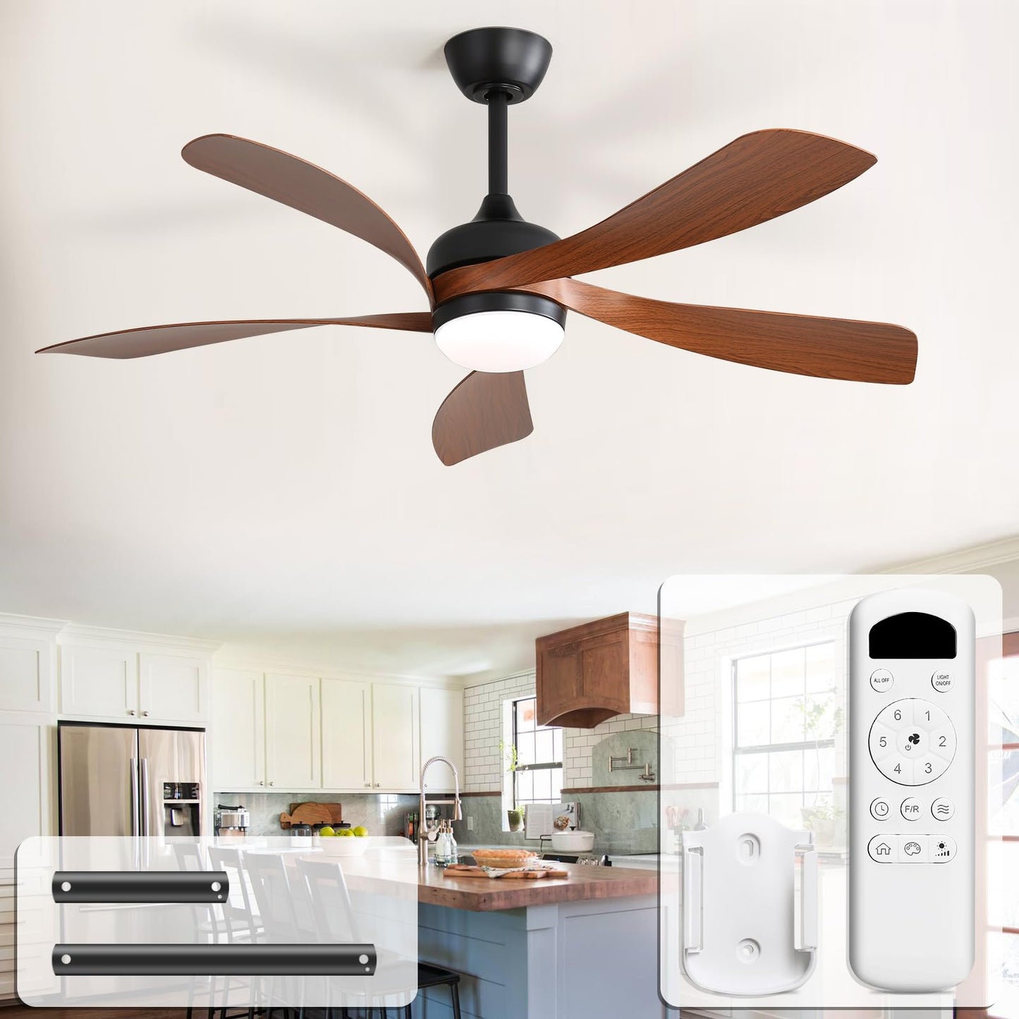 CACI Mall 52 Inch Ceiling Fans with Lights and Remote, modern, Outdoor ceiling fan with 6-Speed, 5 Blades, 2 Downrods, 3 CCT, Timer, Quiet Reversible DC Motor for Living Room, Bedroom, Patios