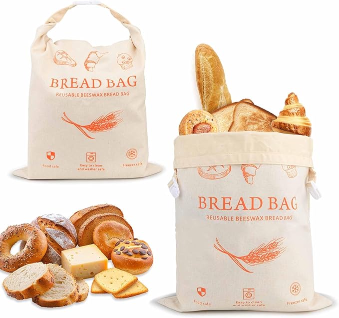 2-Pack Reusable Beeswax Bread Bags for Homemade Bread & Sourdough,100% Linen Waxed Bags Keeps Fresh Longer,XL Eco-Friendly Fresh Food Storage,Freezer Safe