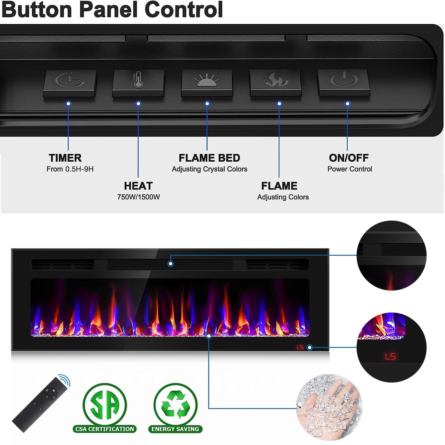 50 Inch Electric Fireplace Recessed and Wall Mounted, Fireplace Heater and Linear Fireplace, Ultra-Thin Electric Fireplace, Low Noise, with Timer, Remote Control, Adjustable 12 Flame Color, 750/1500W