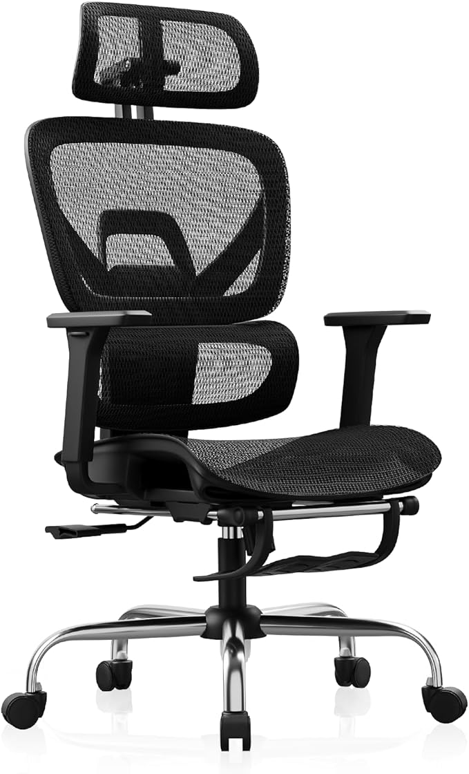 Synorla Ergonomic Office Chair with Footrest, Mesh Desk Chair with 135° Recline, Adjustable Lumbar Support, 3D Armrests and Headrest, Swivel Computer Chair for Home Office