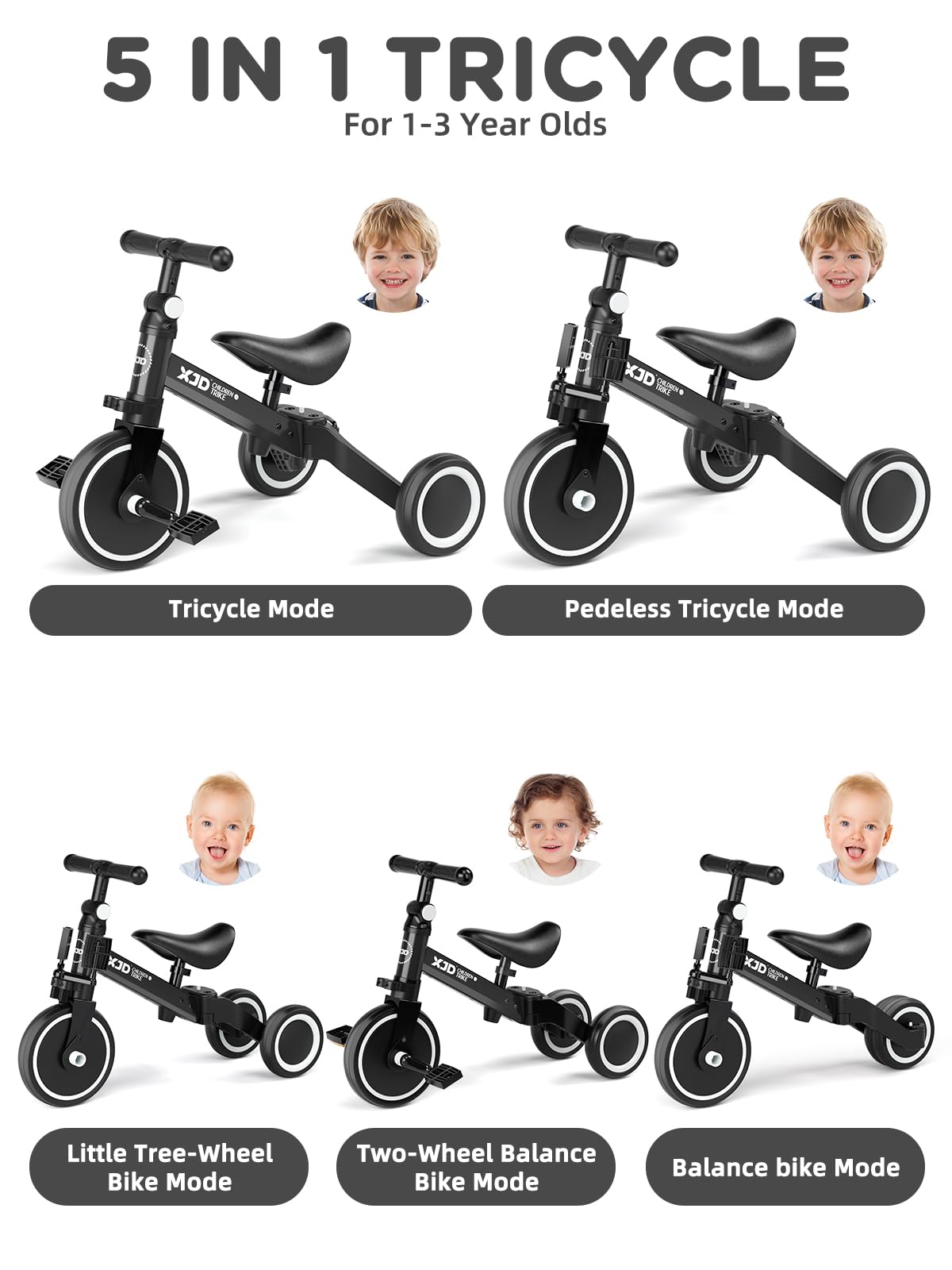 XJD 5 in 1 Toddler Bike, Tricycle for Toddlers 1-3 with Adjustable Seat Height, Removable Pedals, Ideal Balance Bike Birthday Gifts and Toys for Boys and Girls (Black)