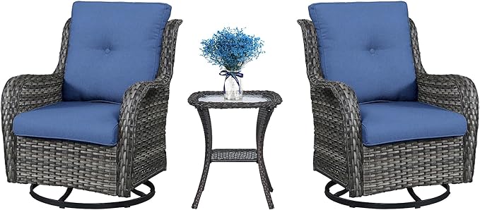 Belord Patio Swivel Rocking Chairs - Outdoor Wicker Glider Swivel Rcoker, 3 Pieces Patio Wicker Furniture Sets for Porch Includes 2 Swivel Rocking Chair and 1 Side Table