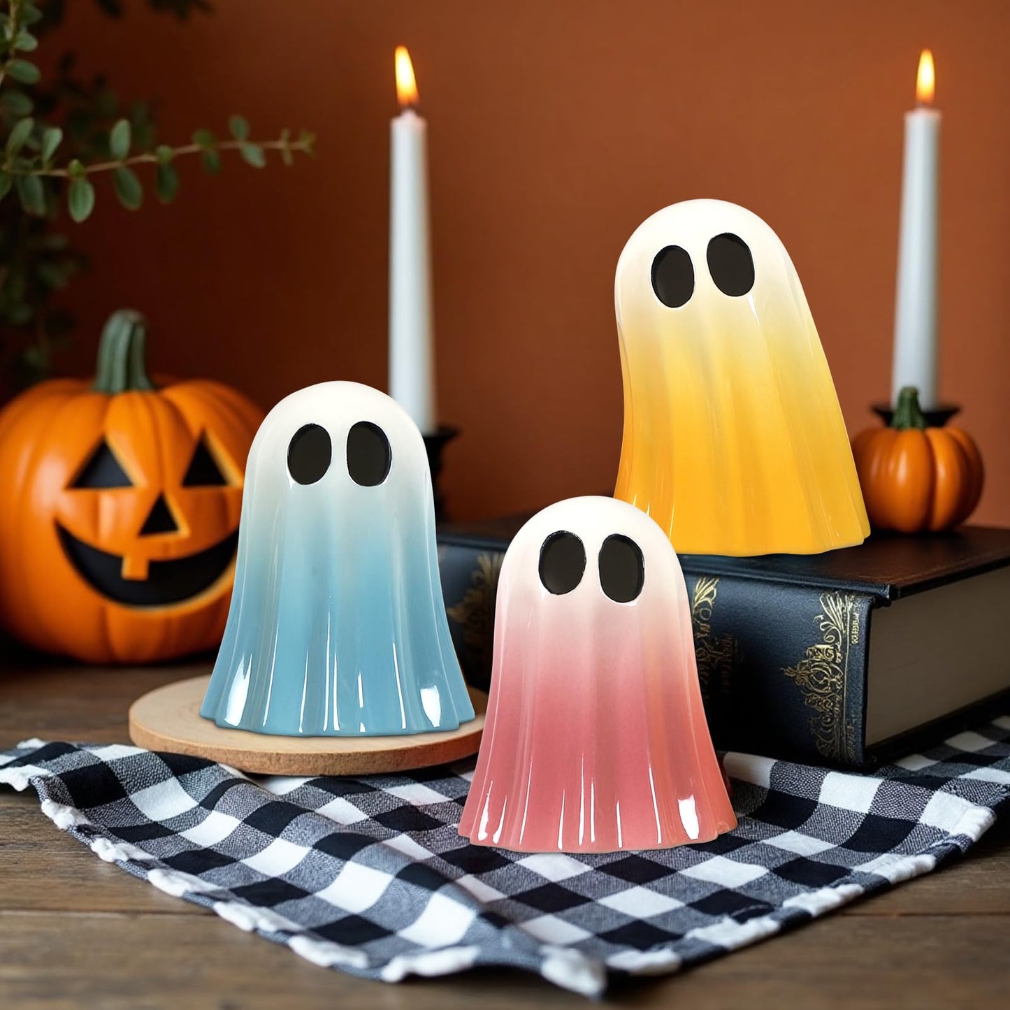 DAZONGE Halloween Ghost Decorations Indoor, Set of 3 Ceramic Spooky Figurines for Indoor Tabletop, Shelf, and Mantel Display
